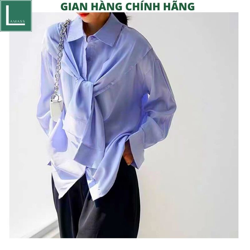 Áo Sơ Mi Nữ form rộng Lụa hàn buộc nơ cổ nhiều mầu đẹp dài tay ulzzang vintage hàn quốc cao cấp trơn -LAMASS