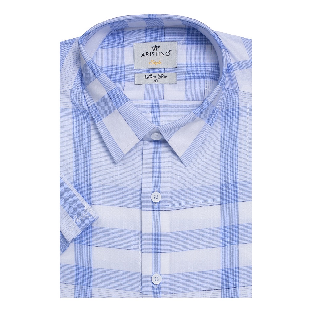 Áo Sơ Mi Nam Ngắn Tay ARISTINO ASS227S2 Somi Công Sở Cao Cấp Màu Trắng Kẻ Xanh Dệt Vải Microfiber Dáng Ôm Không Túi