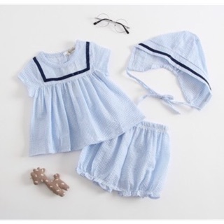 Set quần áo thô xanh kèm mũ
