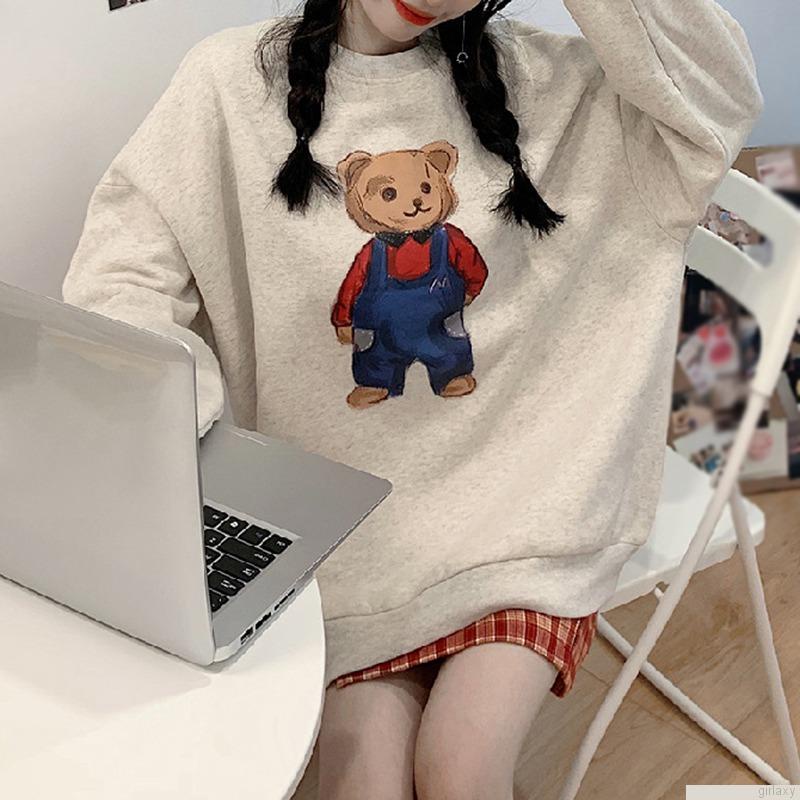 Áo nỉ nữ dài tay cổ tròn in hình hoạt hình dễ thương