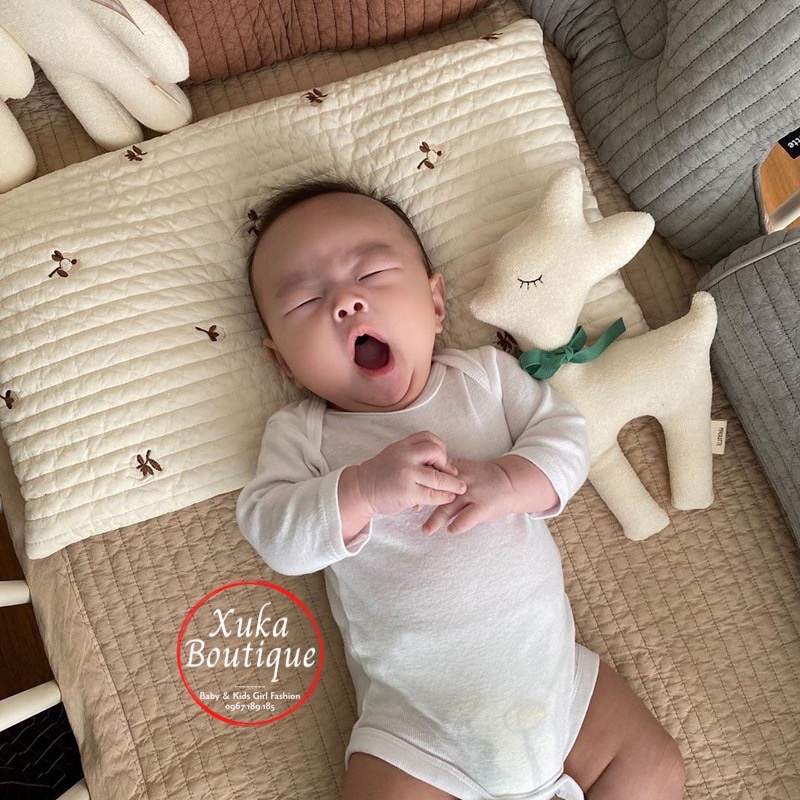 Gối Ngủ Cho Bé Sơ Sinh Mỏng Thêu Hoạ Tiết Xinh Xắn Style Hàn Quốc Hình Chữ Nhật Chất Liệu Cotton Thoáng Khí