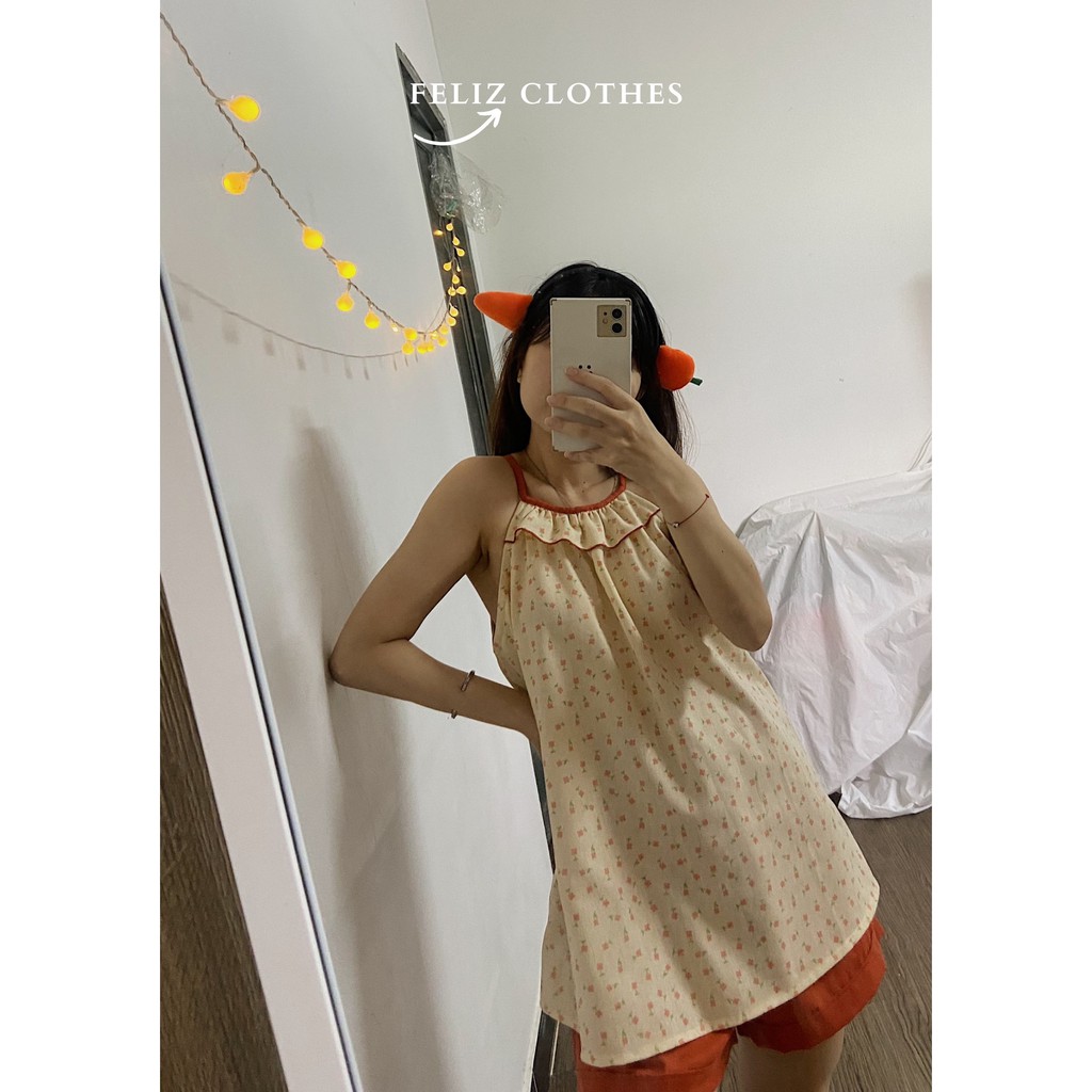 [Feliz.Clothes] Đồ ngủ 2 dây yếm linen bột hoa nhí cam siêu mát, siêu dễ thương | BigBuy360 - bigbuy360.vn