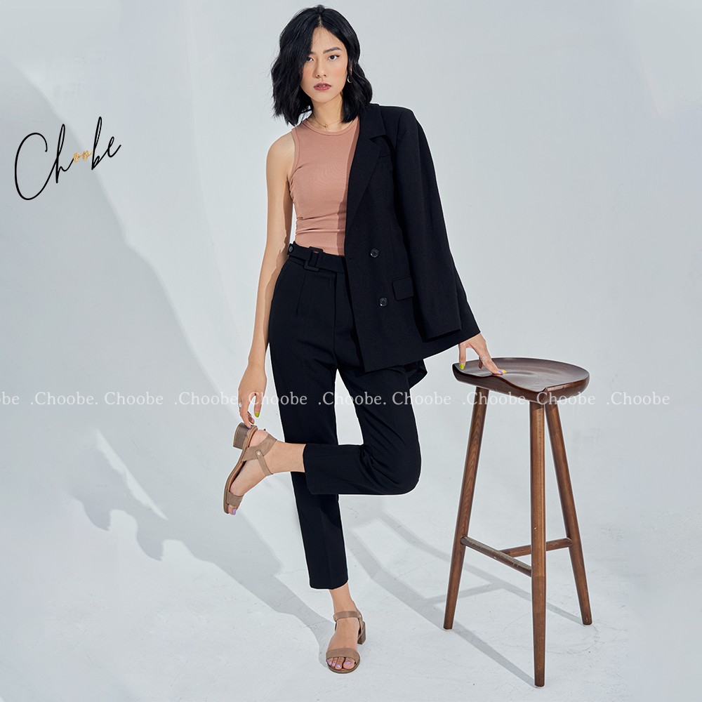 Quần baggy nữ Choobe lưng cạp cao đai vải vuông cúc lệch đồ công sở đi học form đẹp màu đen ghi Q02