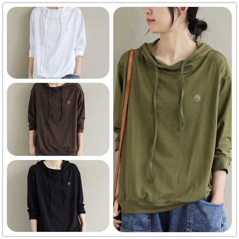 100 bông áo hoodie tay dài nữ mùa thu mới cotton cỡ lớn áo sơ mi đáy lỏng lẻo mùa thu mỏng