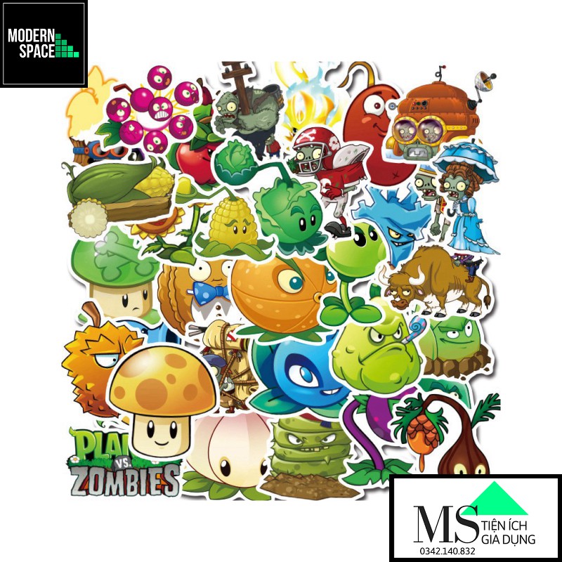Sticker PVC Hoạt Hình Zombie Plants ST071-ST - Cả bộ 100 hình Chống nước