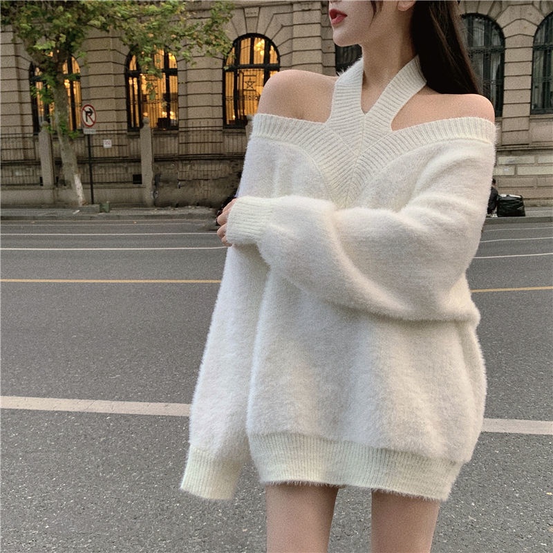 Áo sweater dệt kim mềm mại trễ vai thời trang thu đông cho nữ 2022