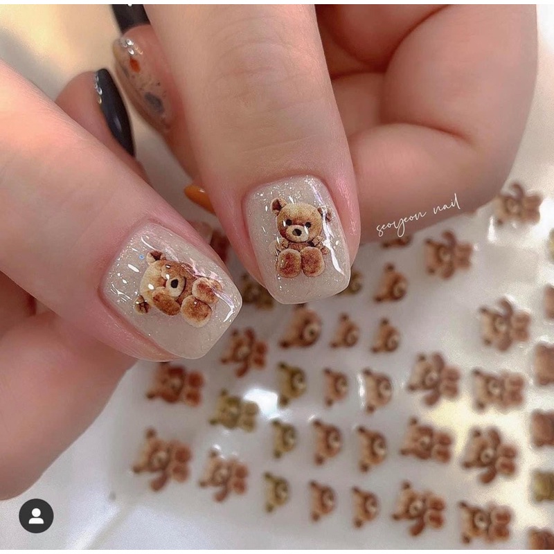 sticker lụa 5d cao cấp hình gấu dán móng tay nail