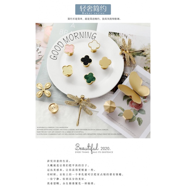 Bốn lá cỏ ba lá Tủ bằng đồng Núm nút Ánh sáng Bắc Âu Sang trọng Mục vụ Đơn lỗ Tay cầm bướm Chuồn chuồn Vàng Tay cầm tông màu vàng