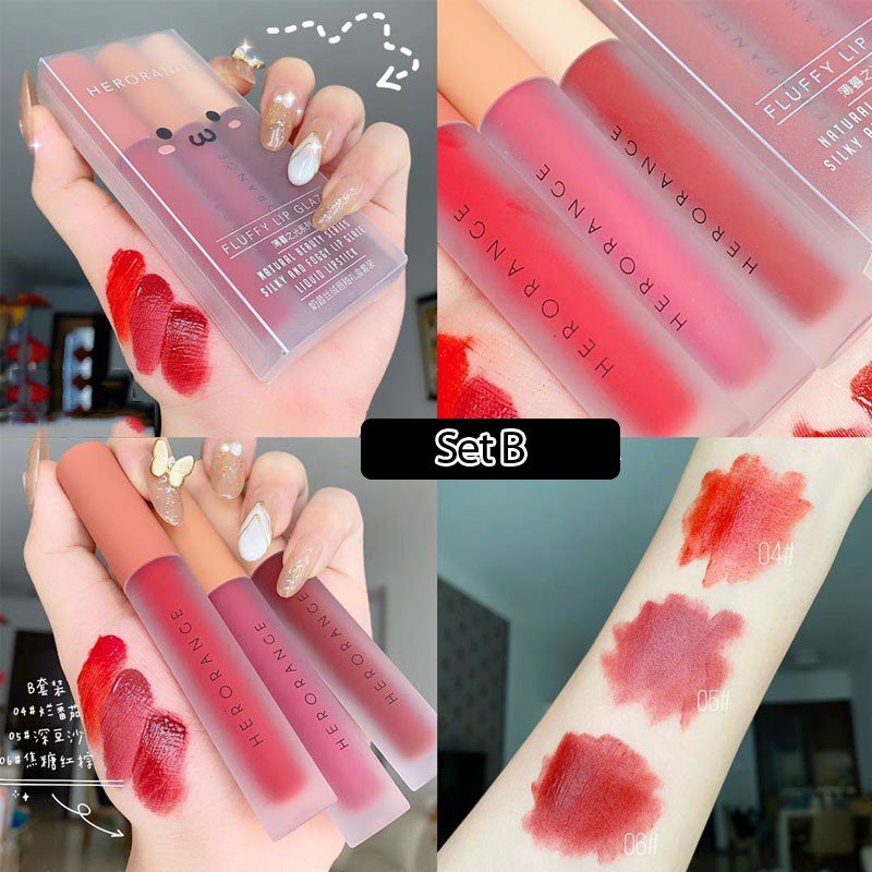 Set 3 Cây Son Kem Lì Herorange Fluffy Lip Glaze - Son Kem Siêu Xinh Chất Mềm Và Mịn