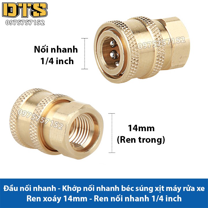 Đầu cái nối nhanh 1/4 - nối béc súng xịt của máy rửa xe áp lực cao (Ren vặn trong 14mm)