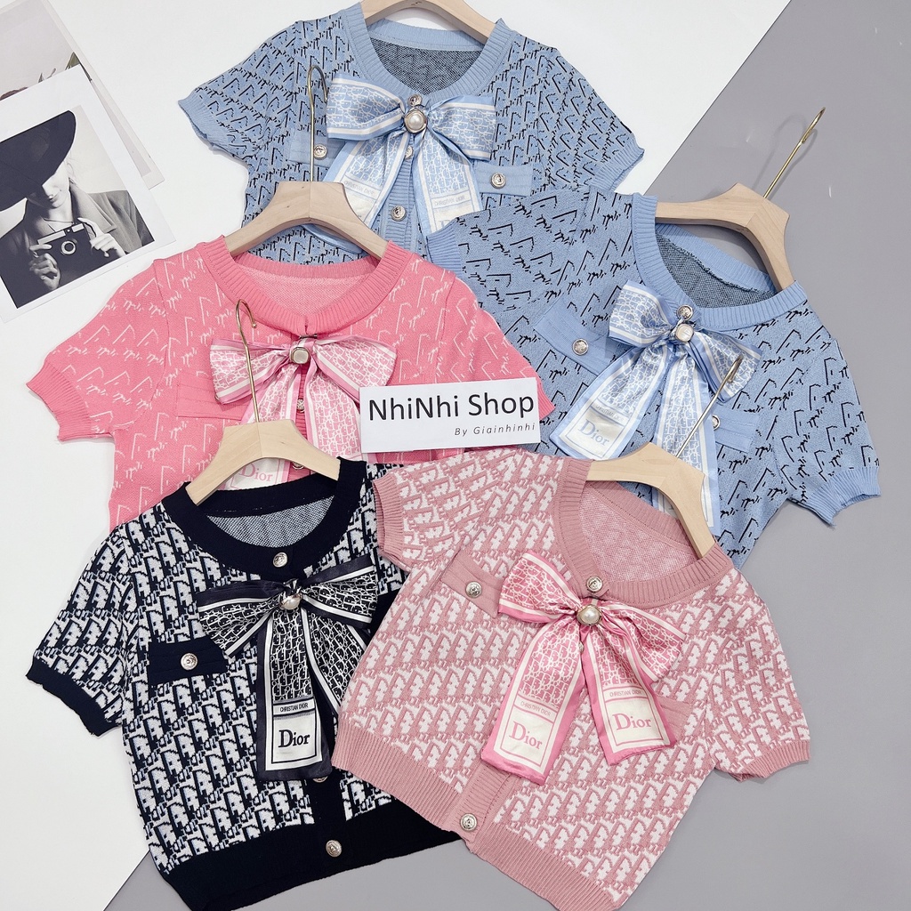 Áo len mỏng cộc tay kèm nơ, Áo len mongtoghi ngắn tay in chữ AL9803 - NhiNhi Shop