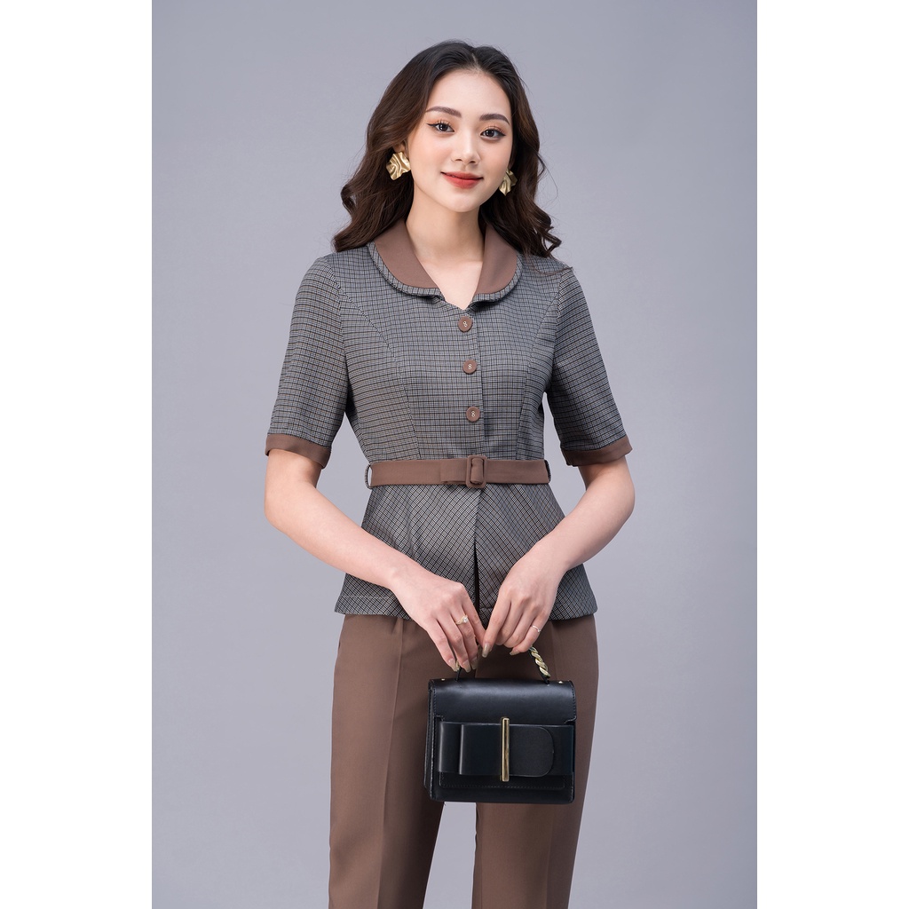 Sét Bộ Nữ Công Sở Cao Cấp LUPERI LFSB499 Áo Cộc Tay Phối Đai Kết Hợp Quần Dài