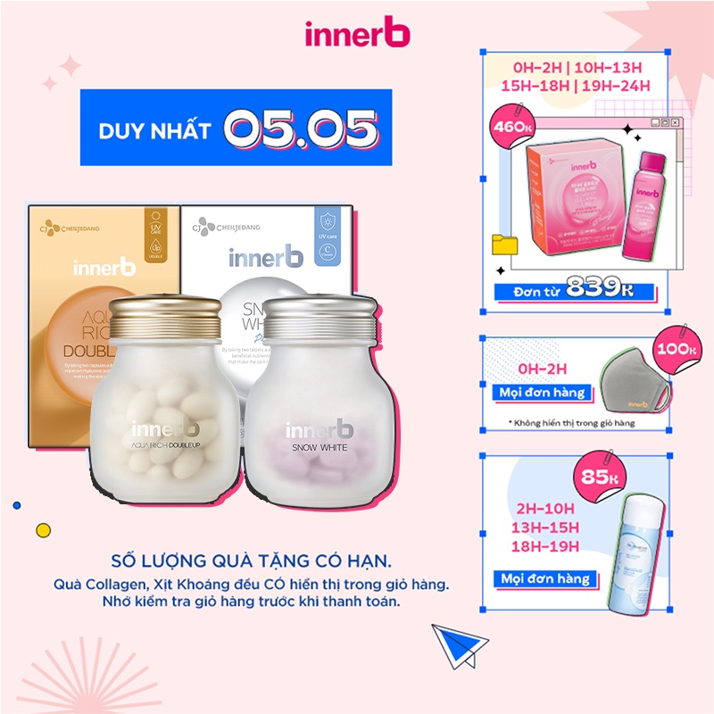 Bộ đôi thực phẩm bảo vệ sức khỏe InnerB Aqua Rich Doubleup (56 viên) &amp; InnerB Snow White 56 viên