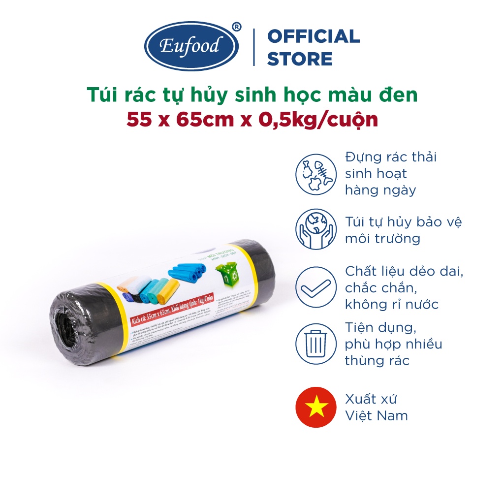 Túi Rác Tự Phân Hủy Sinh Học Màu Đen 55 x 65cm (1kg/cuộn) - EUFOOD Việt Nam - Bảo Vệ Môi Trường Tiện Dụng