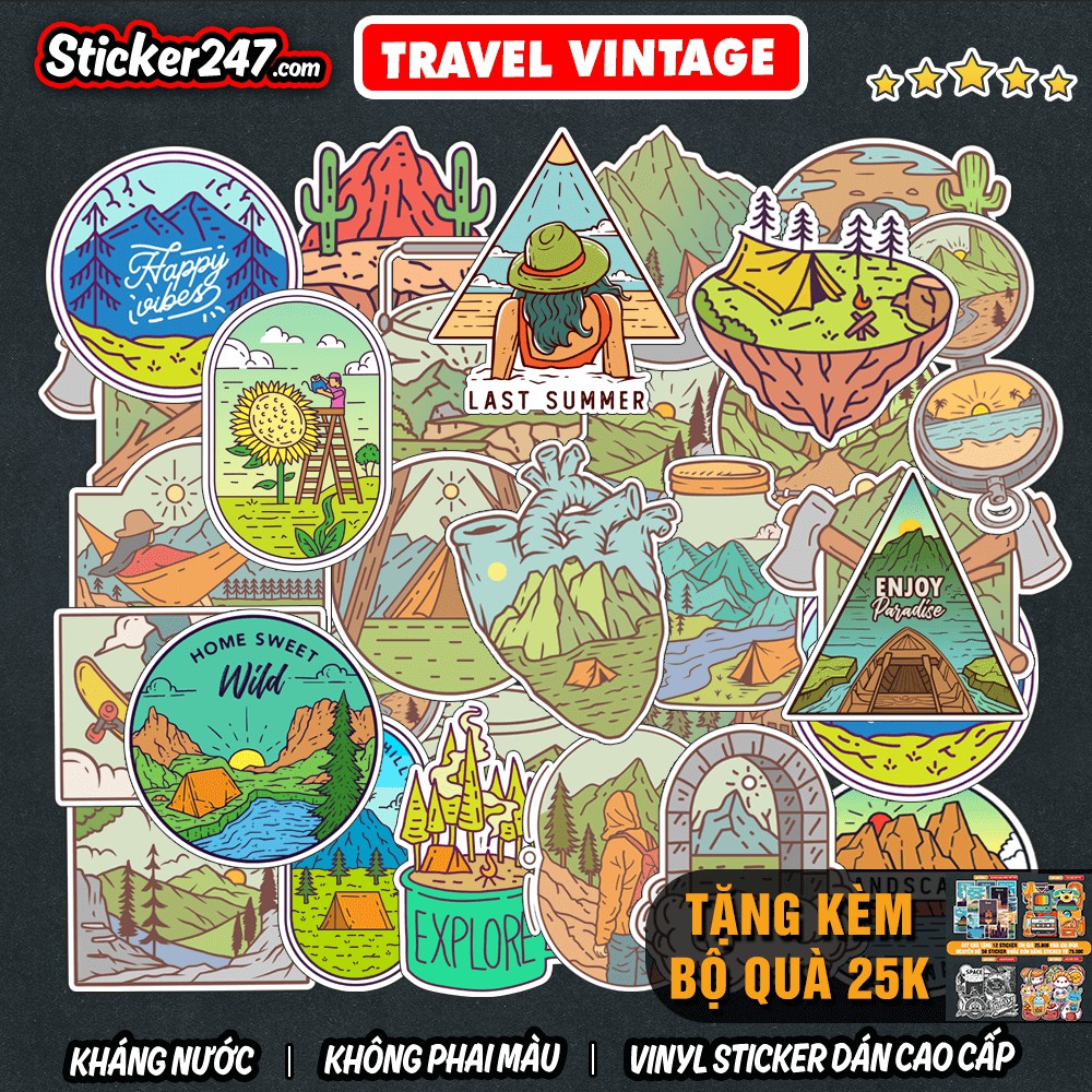 Sticker Travel Vintage 𝑭𝒓𝒆𝒆𝒔𝒉𝒊𝒑 chống nước, sticker dán laptop, điện thoại, đàn guitar, mũ bảo hiểm, vali, ipad