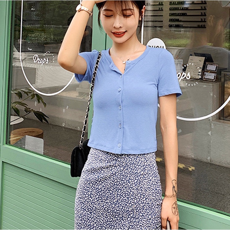 Áo Croptop Tay Ngắn Có Cúc Madela, Croptop nữ tay ngắn cài khuy cúc cá tính
