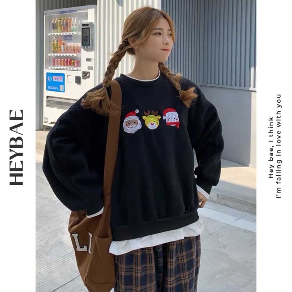 Áo sweater oversize Xmas HEYBAE vải nỉ ngoại dáng rộng hoạ tiết Giáng sinh có mũ dài tay nỉ dày dặn AK052 | BigBuy360 - bigbuy360.vn