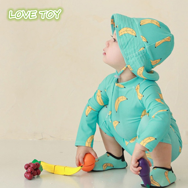 Set Đồ Bơi 2 Mảnh Cổ Tròn In Hình Trái Cây Khô Nhanh Kèm Mũ Che Nắng Dành Cho Bé