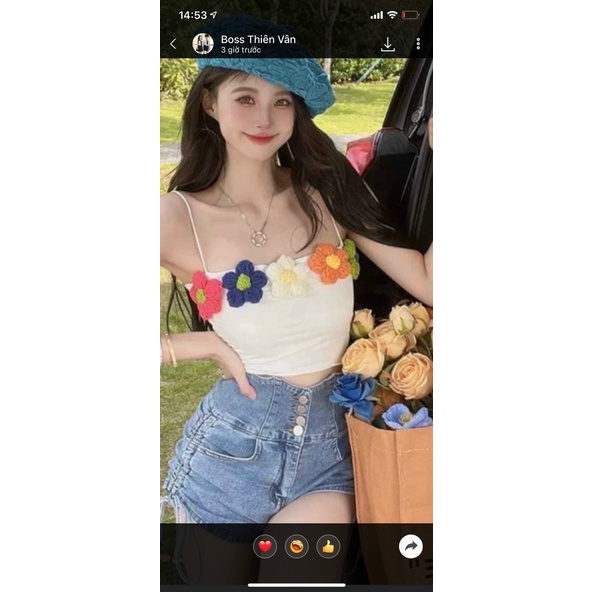 Áo 2 dây bún croptop đính bông hoa to cực hot , chất thun bozip mềm mịn tv