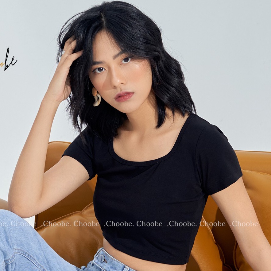 Áo croptop TATO cổ rộng C.02 vải cotton co giãn tốt áo nữ cộc tay body thun ôm