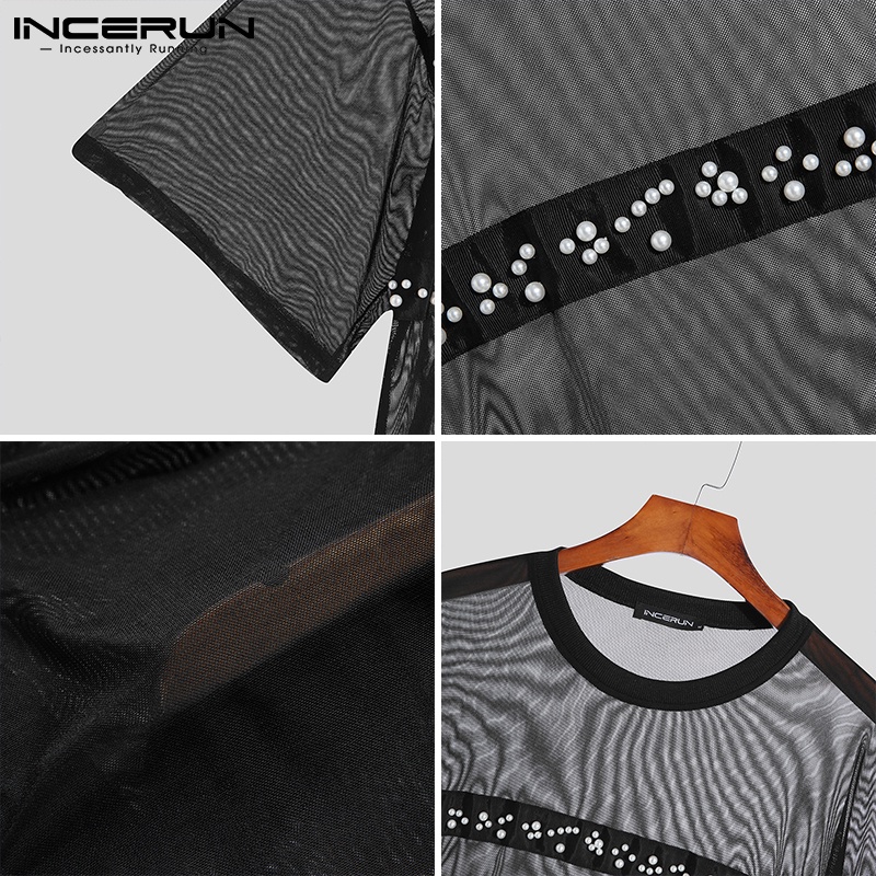 Áo thun INCERUN ngắn tay dáng rộng phối lưới xuyên thấu đính ngọc trai nhân tạo dễ thương cho nam