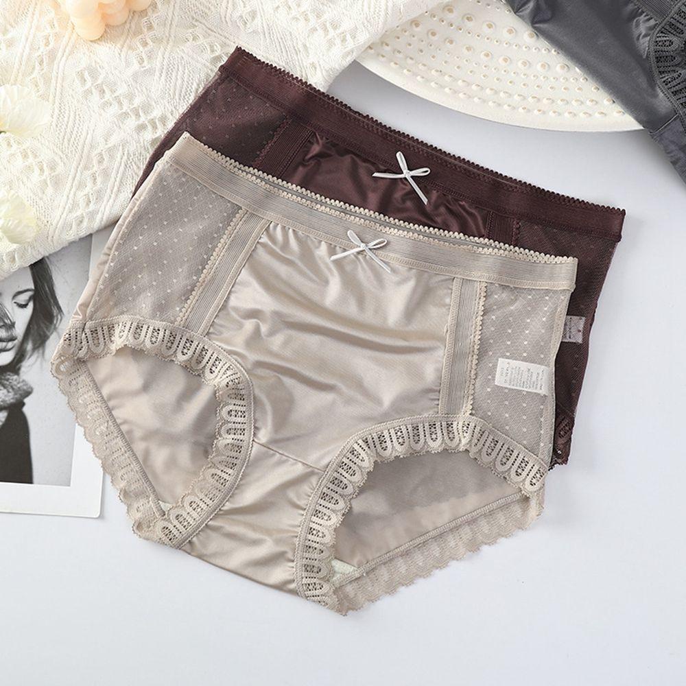 BACK2LIFE Quần Lót Lụa Satin Phối Lưới Thoáng Khí Đính Nơ Họa Tiết Chấm Bi Gợn Sóng Cho Nữ