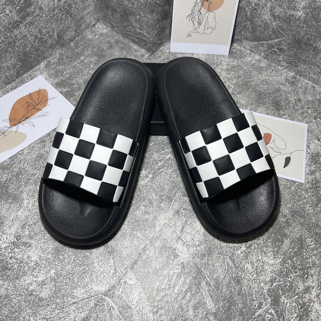*ẢNH THẬT*Dép Bánh Mì Nam Nữ, Kiểu Dép Nữ Quai Ngang, Họa Tiết Caro Xinh Xắn, Đế Xốp Êm Chân 2 Màu Đen Trắng