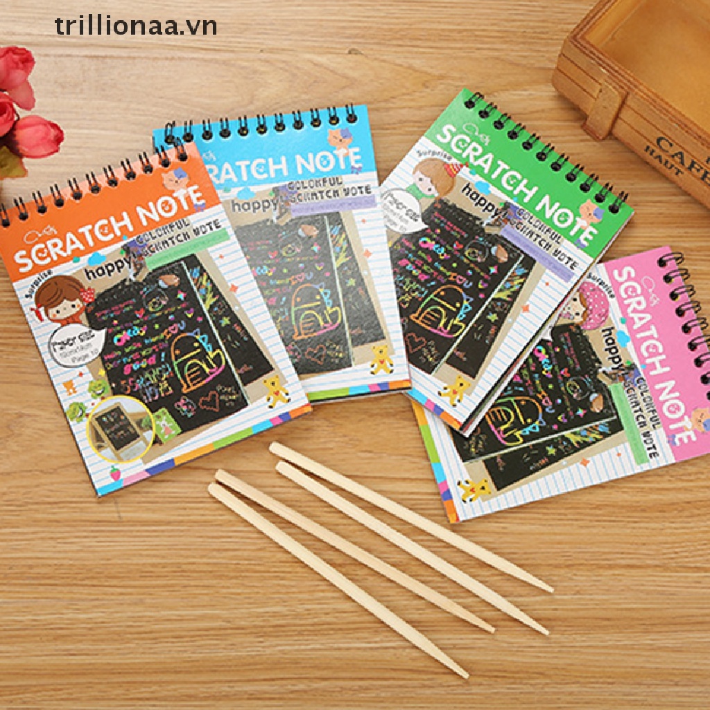 【trillionaa】 Children DIY Scratch Painting Note 10 sheets Magic Color Rainbow Scratch Art .