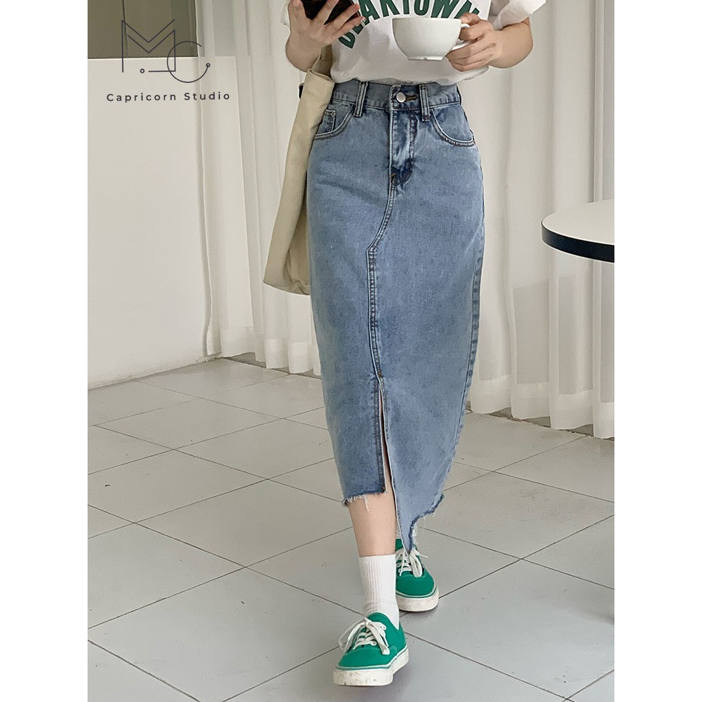 Chân váy Jean dài xẻ vạt lệch cá tính phong cách Ulzzang Hàn Quốc [MinC.Studio - MCCV005] | BigBuy360 - bigbuy360.vn