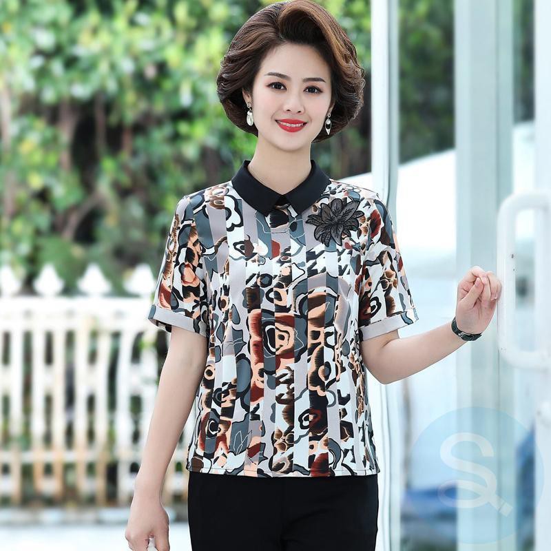 ▫> 50-year-old middle-aged women s summer dress new western floral small shirt, mother dress, loose short-sleeved T-shirt, doll collar shirt<