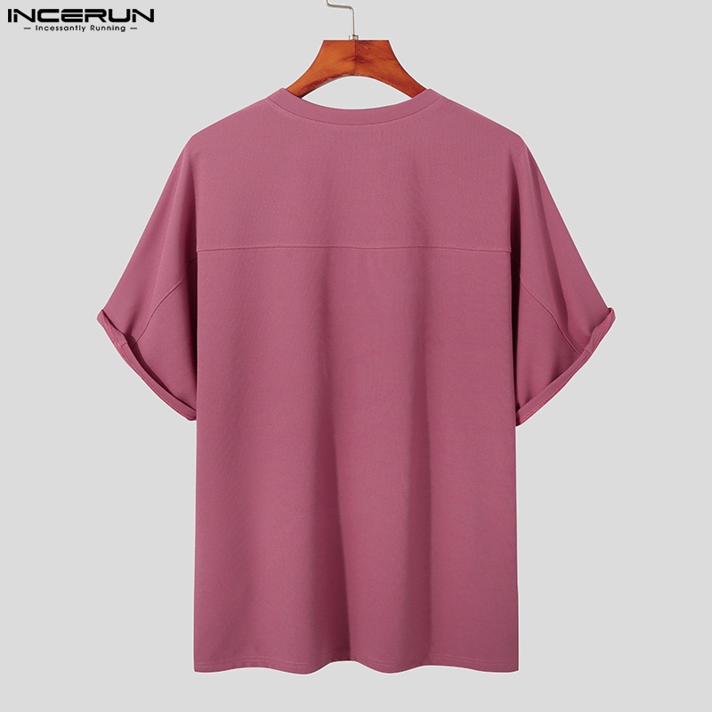 Áo thun INCERUN tay ngắn cổ tròn dáng rộng phối lưới ngọc trai phong cách Hàn Quốc độc đáo cho nam