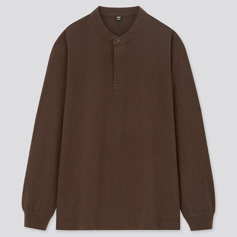 (UNI Nhật chính hãng) Áo cổ tàu mở cúc dài tay (nam nữ) Stand Collar Long-Sleeve T-shirt