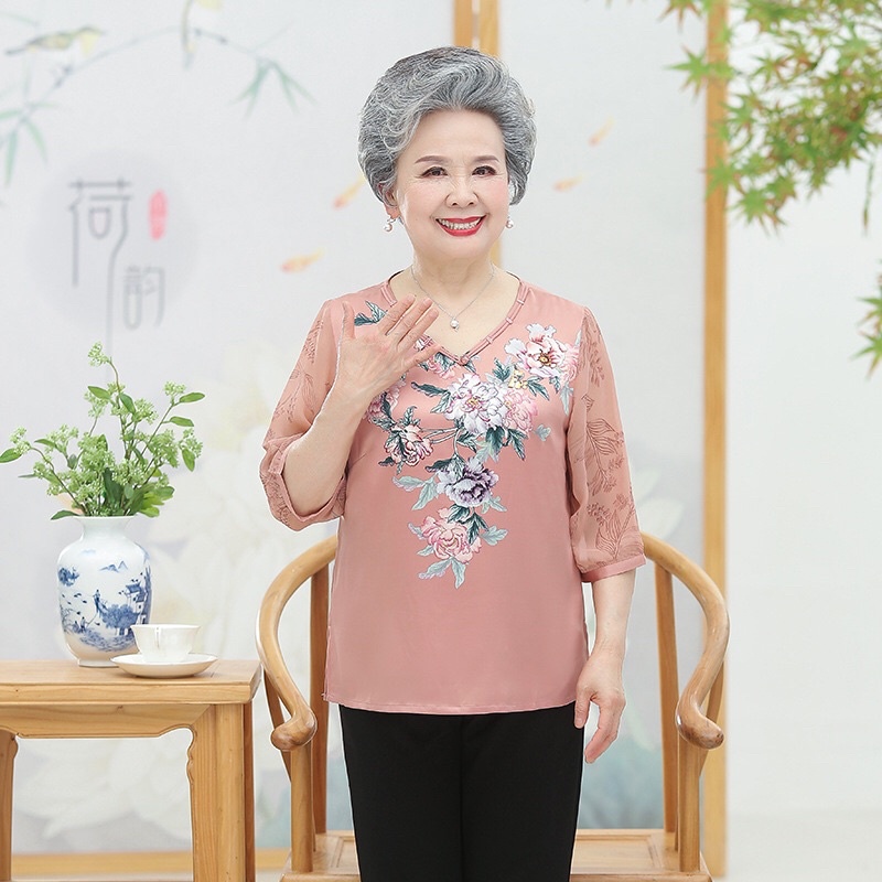 Áo sơ mi trung niên cho bà cho mẹ kiểu dáng sang trọng áo kiểu in hoa hàng quảng châu