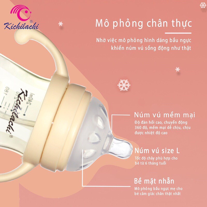 Bình sữa đa năng cổ rộng Kichilachi Tritan có tay cầm chống sặc, đầy hơi cho bé 240ml