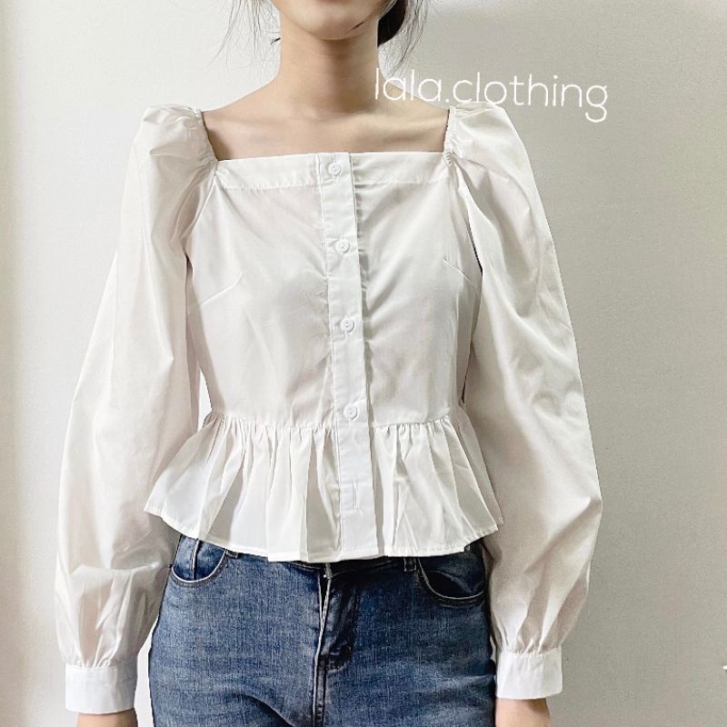(SẴN) Áo sơ mi cổ vuông peplum dáng ngắn