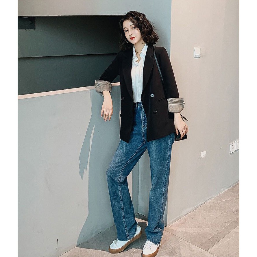 Áo Blazer màu đen cổ tay caro, áo vest công sở kiểu hàn quốc, áo khoác blazer chất vải cao cấp TN1318-Đn | BigBuy360 - bigbuy360.vn
