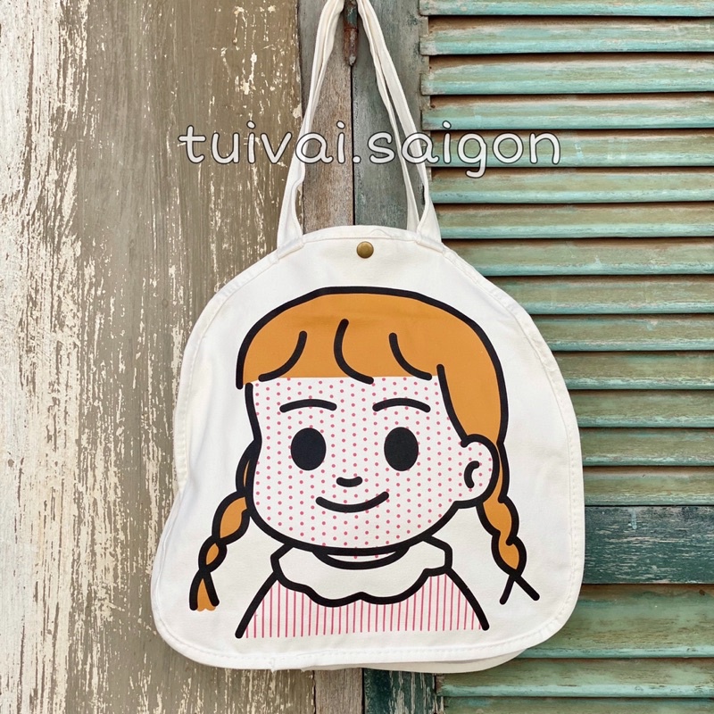 Túi tote túi vải canvas dáng tròn hình cô bé đáng yêu kèm ảnh thật