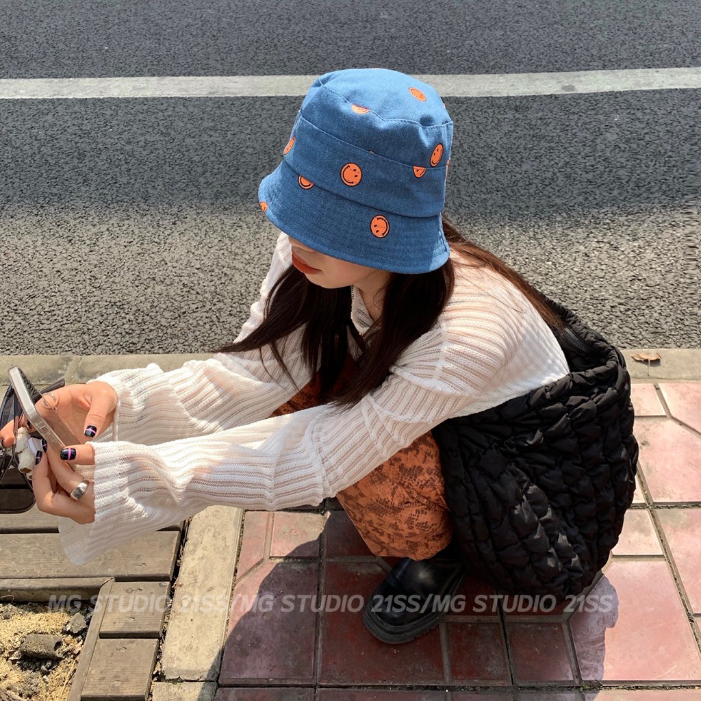 Mũ Tai Bèo MG STUDIO Chất Liệu Denim Họa Tiết Hình Mặt Cười