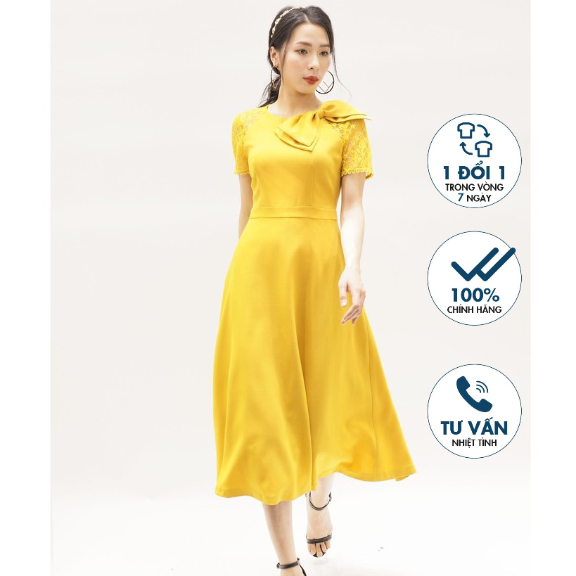 Đầm xòe đính nơ bản to ở cổ, tay phối ren Emspo DS3976