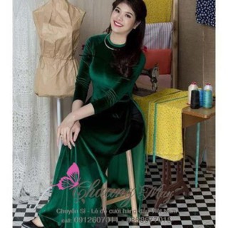 Áo nhung Xanh Rêu 💝FREESHIP💝 Áo dài truyền thống cổ tròn chất vải nhung mền, kèm quần