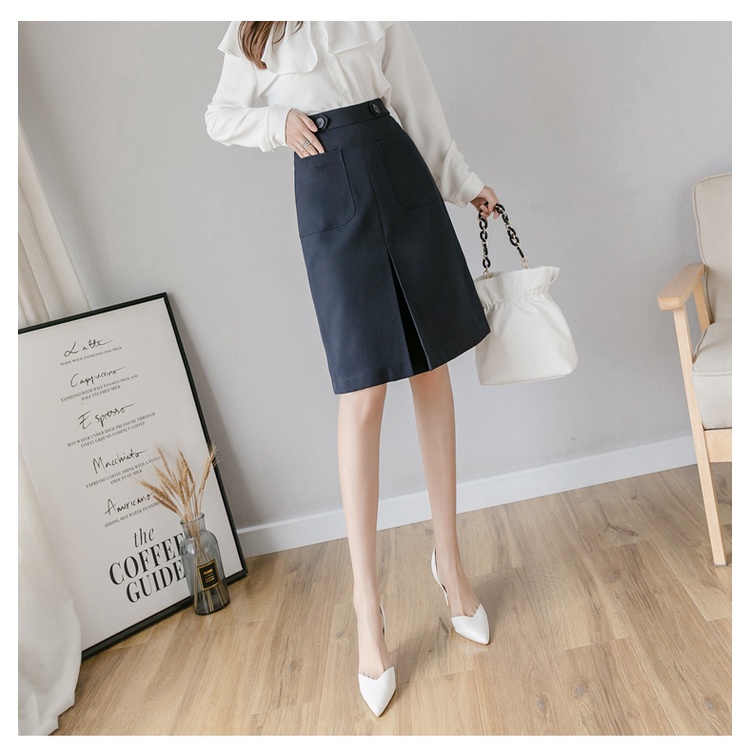 Chân váy công sở chữ a dáng dài có túi không xẻ, 1 li 2 túi 2 cúc d58cm