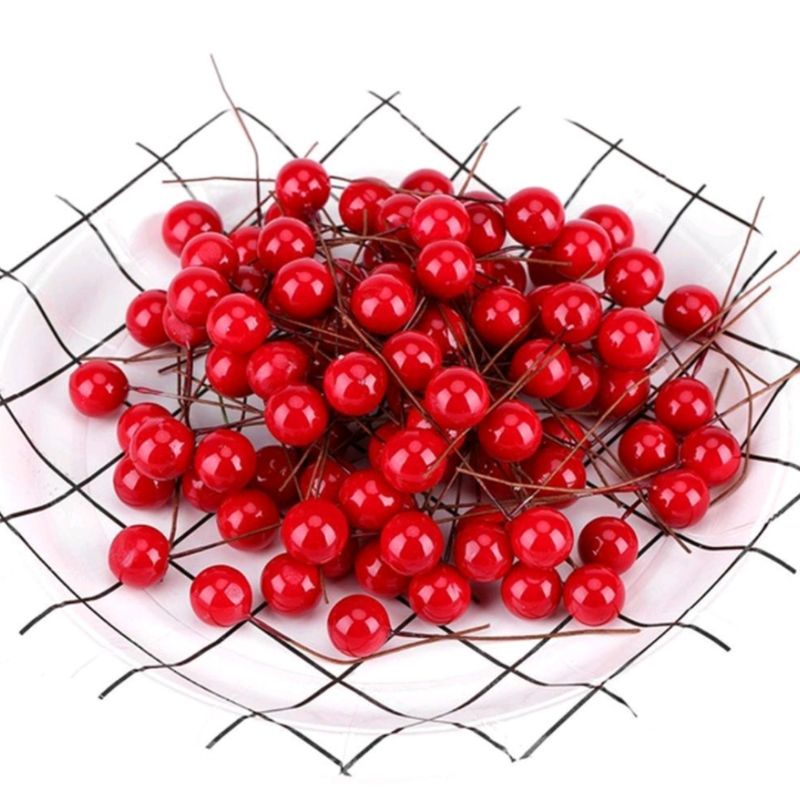 10 nhánh cherry trang trí Noel - cành đào đông đỏ, quả mọng làm vòng nguyệt quế, thiệp Giáng Sinh