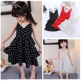 Đầm Hai Dây Mùa Hè Bằng Vải Cotton Họa Tiết Chấm Bi Cho Bé Gái