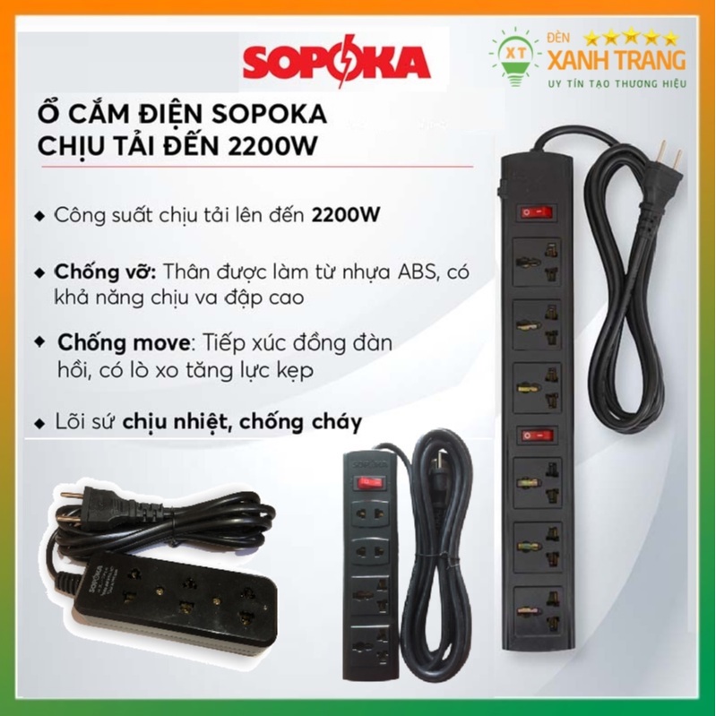 Dây ổ cắm điện 3 lỗ, 4 lỗ đến 6 lỗ có công tắc an toàn chịu tải 1200W - 2200W SOPOKA (6A-250V)