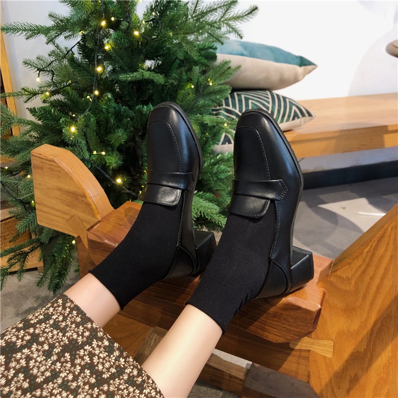 Giày loafer trơn cao gót gót vuông công sở da lì phong cách vintage Hàn Quốc
