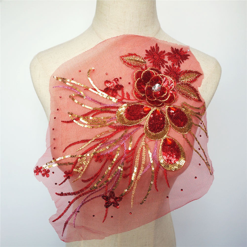 Miếng Vải Ren Thêu Hình Lông Công Đính Kim Sa Lấp Lánh Trang Trí Váy Cưới diy