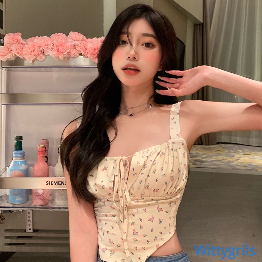Áo Crop Top Hai Dây Cổ Khoét Sâu Hở Lưng In Họa Tiết Hoa Quyến Rũ Dành Cho Nữ