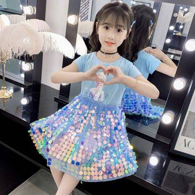 Mùa hè mới Aisha Girl Princess Dress Ice and Snow 奇艾 Cotton ngắn tay Sequins Love Sand Birthday Dress
