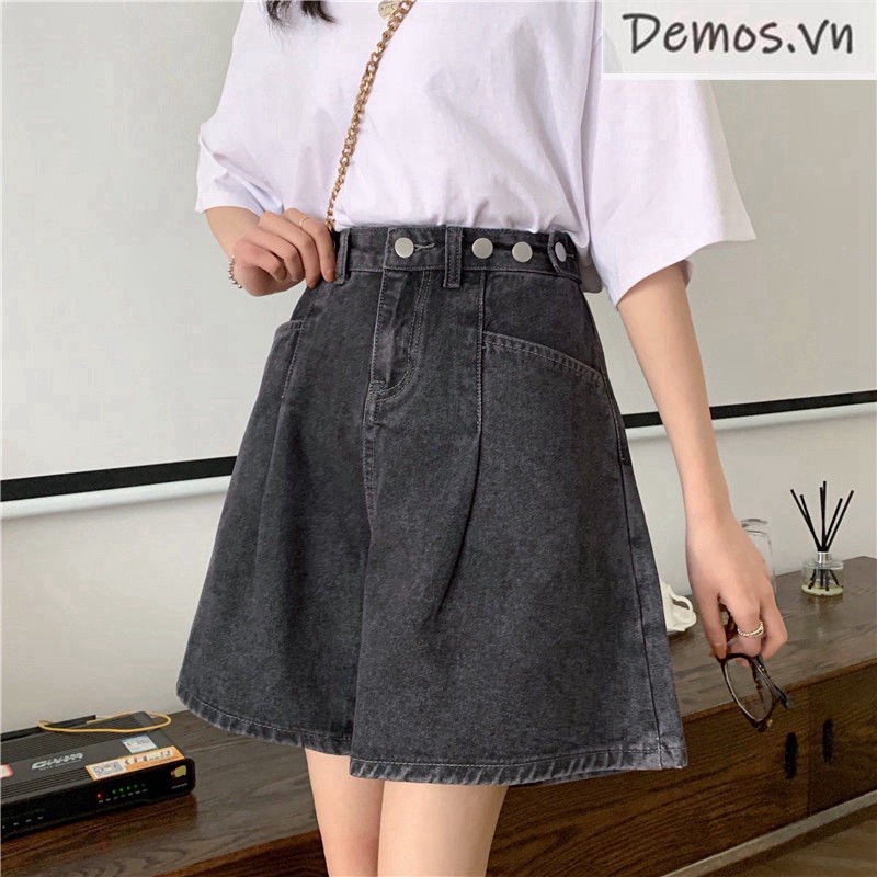 Quần Short Denim Ống Rộng Lưng Cao Phong Cách Hàn Quốc Dành Cho Nữ