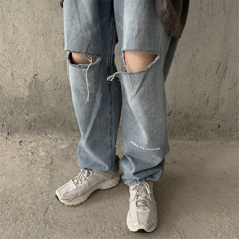 Quần Jean Ống Rộng Phối Rách Cá Tính Theo Phong Cách Retro Hàn Quốc Dễ Phối Đồ 1211